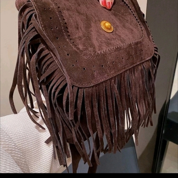BROWN CHOCOLATE MEDIUM FRINGE BOHEMIAN BAG - Picture 2 of 12